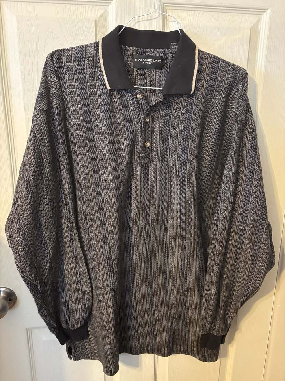 Vintage Evan-Picone Sport Vertical Herringbone Print Long Sleeve Golf Polo Shirt